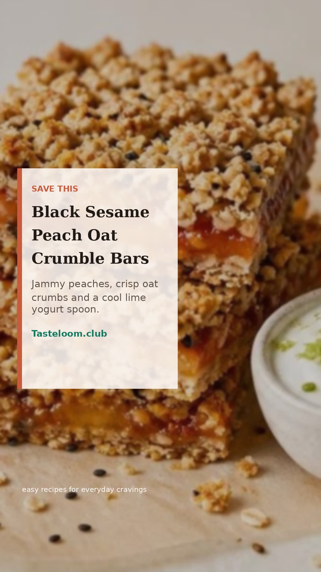 Black Sesame Peach Oat Crumble Bars with Lime Yogurt Cream