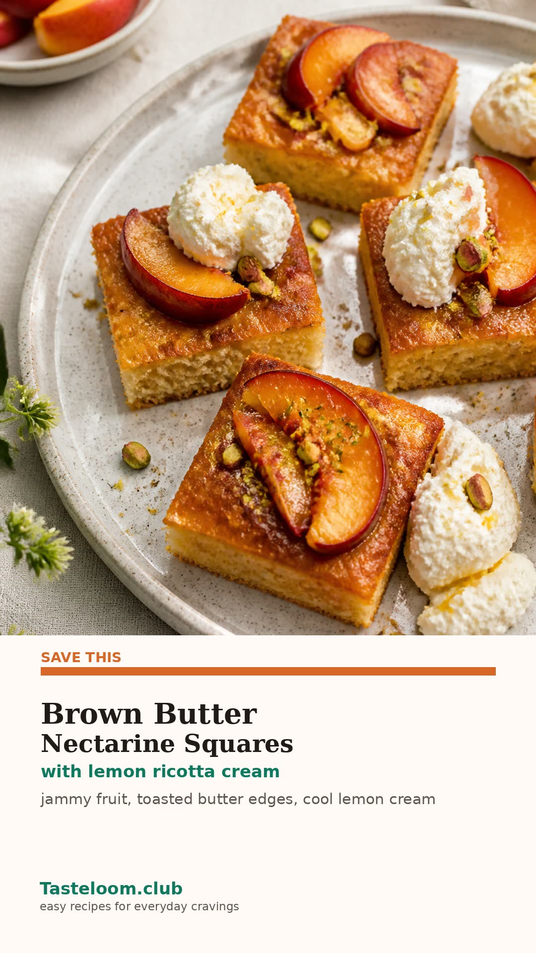 Brown Butter Nectarine Cornmeal Squares with Lemon Ricotta Cream