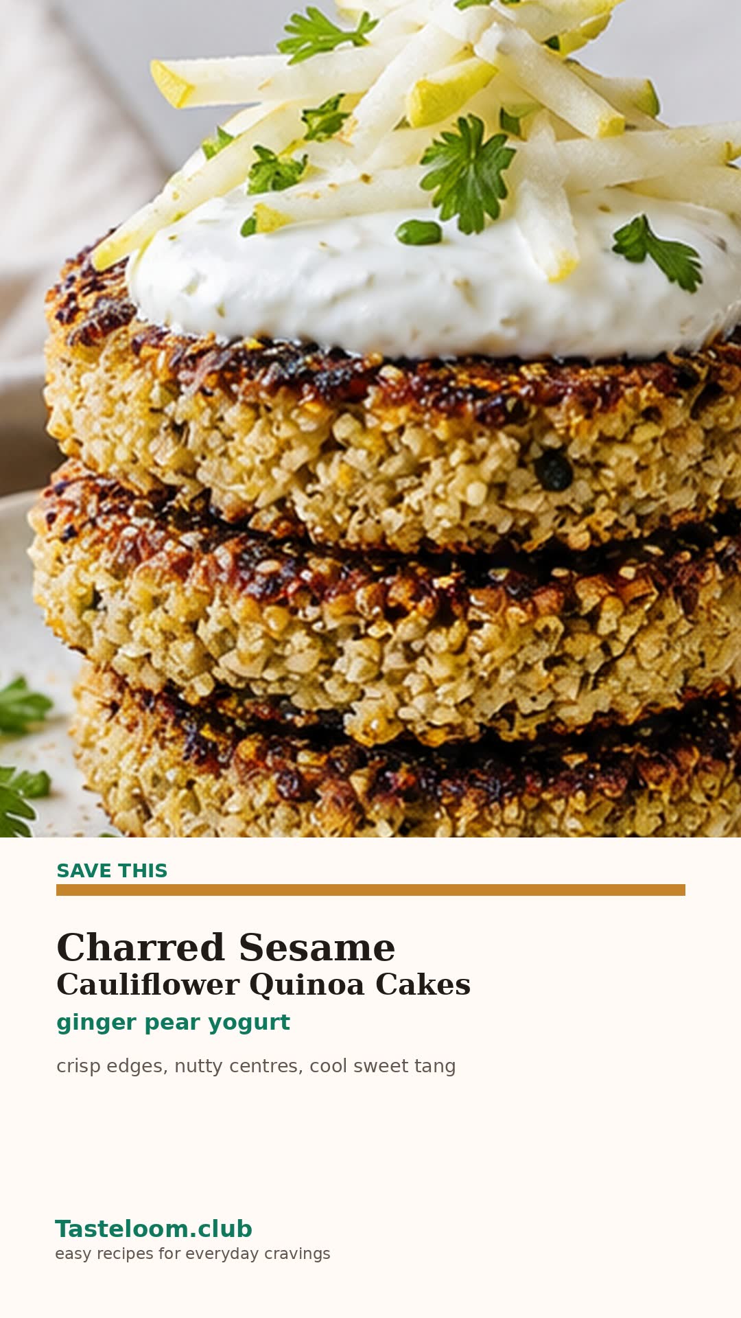 Charred Sesame Cauliflower Quinoa Cakes with ginger pear yogurt
