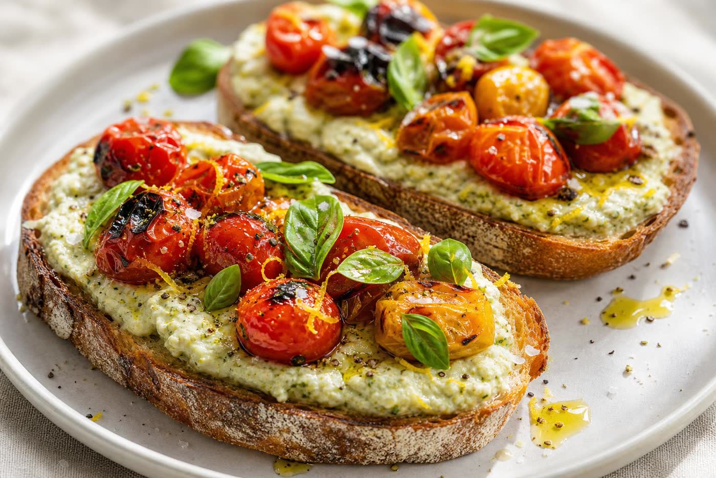 Charred Tomato White Bean Pesto Toasts