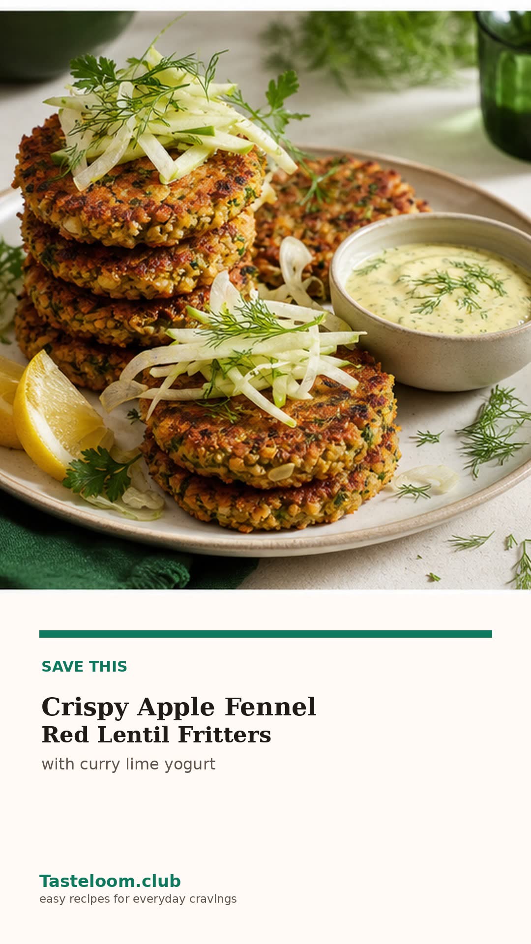 Crispy Apple Fennel Red Lentil Fritters with Curry Lime Yogurt