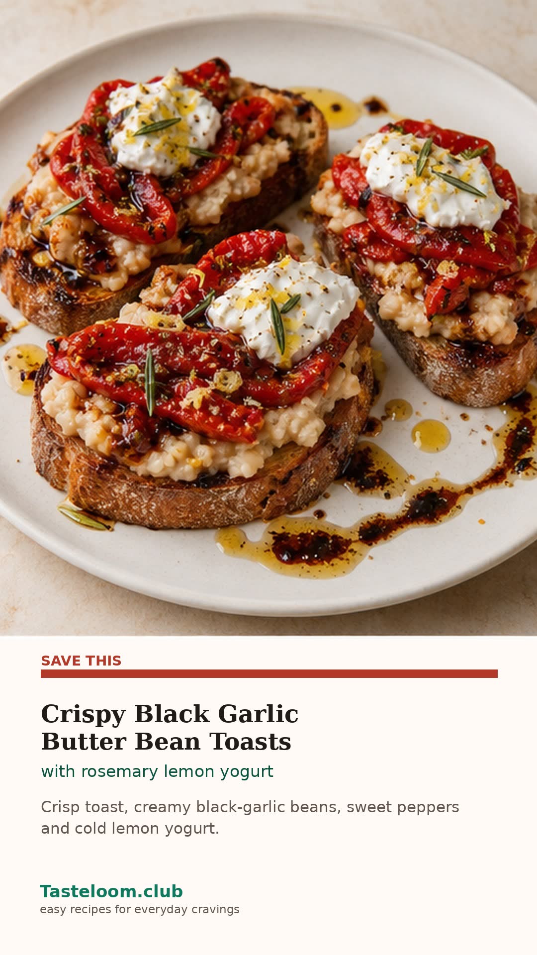 Crispy Black Garlic Red Pepper Butter Bean Toasts With Rosemary Lemon Yogurt