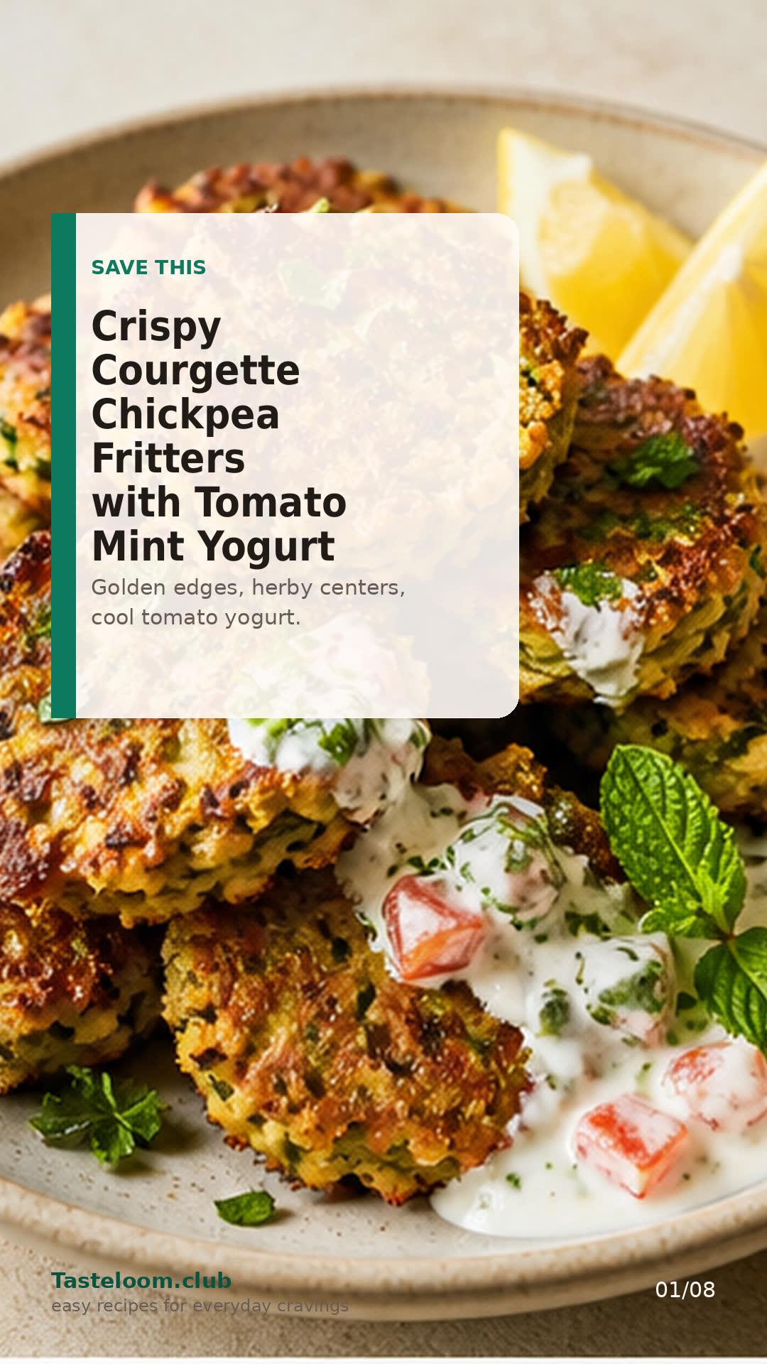 Crispy Courgette Chickpea Fritters with Tomato Mint Yogurt