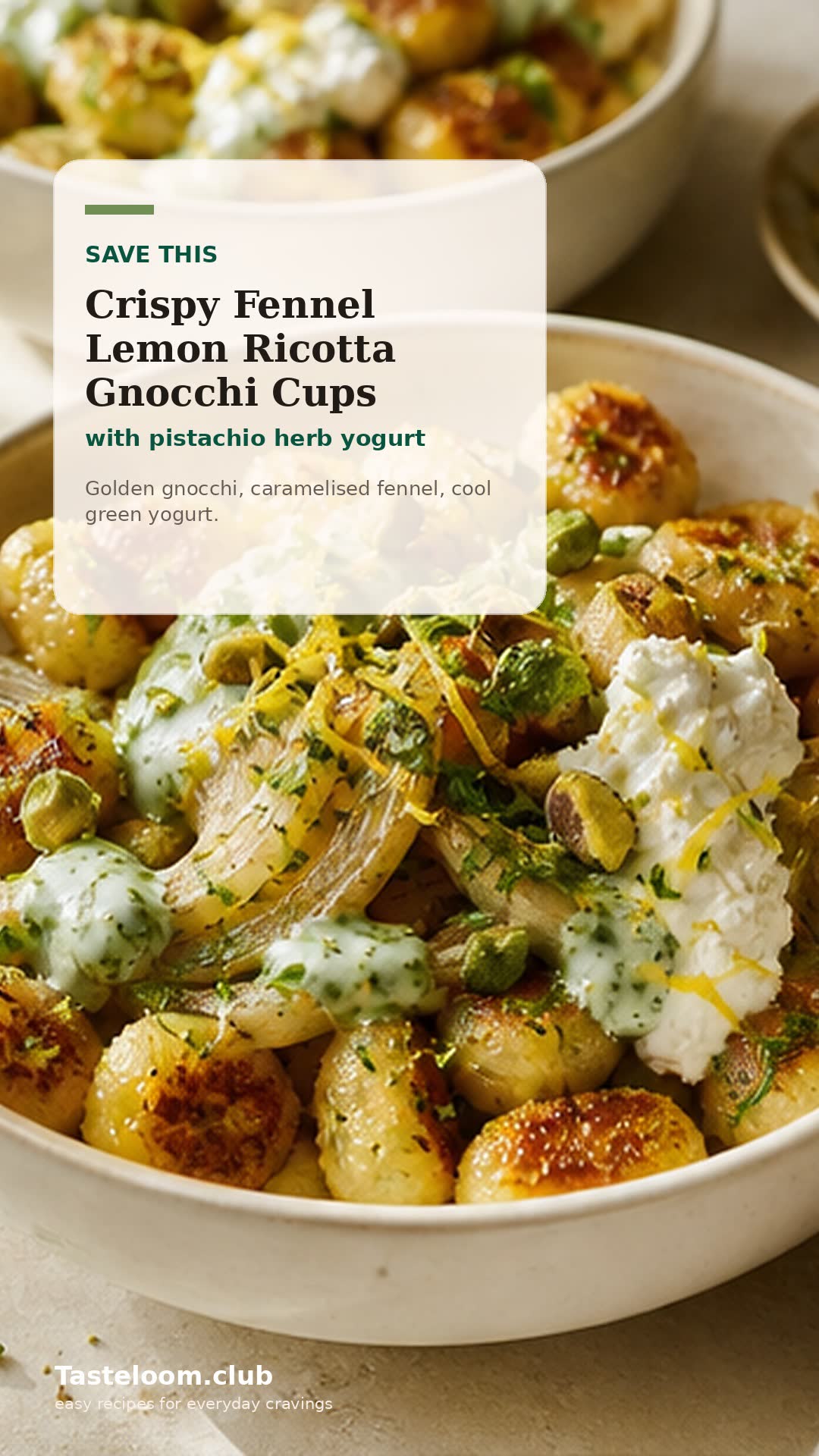 Crispy Fennel Lemon Ricotta Gnocchi Cups with Pistachio Herb Yogurt