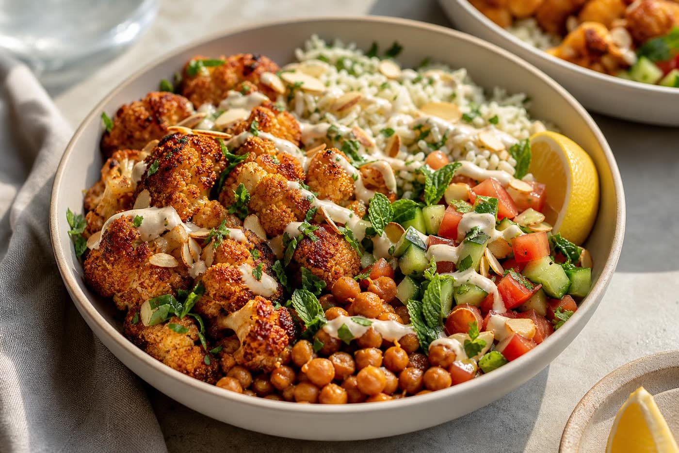 Crispy Harissa Cauliflower Rice Bowls