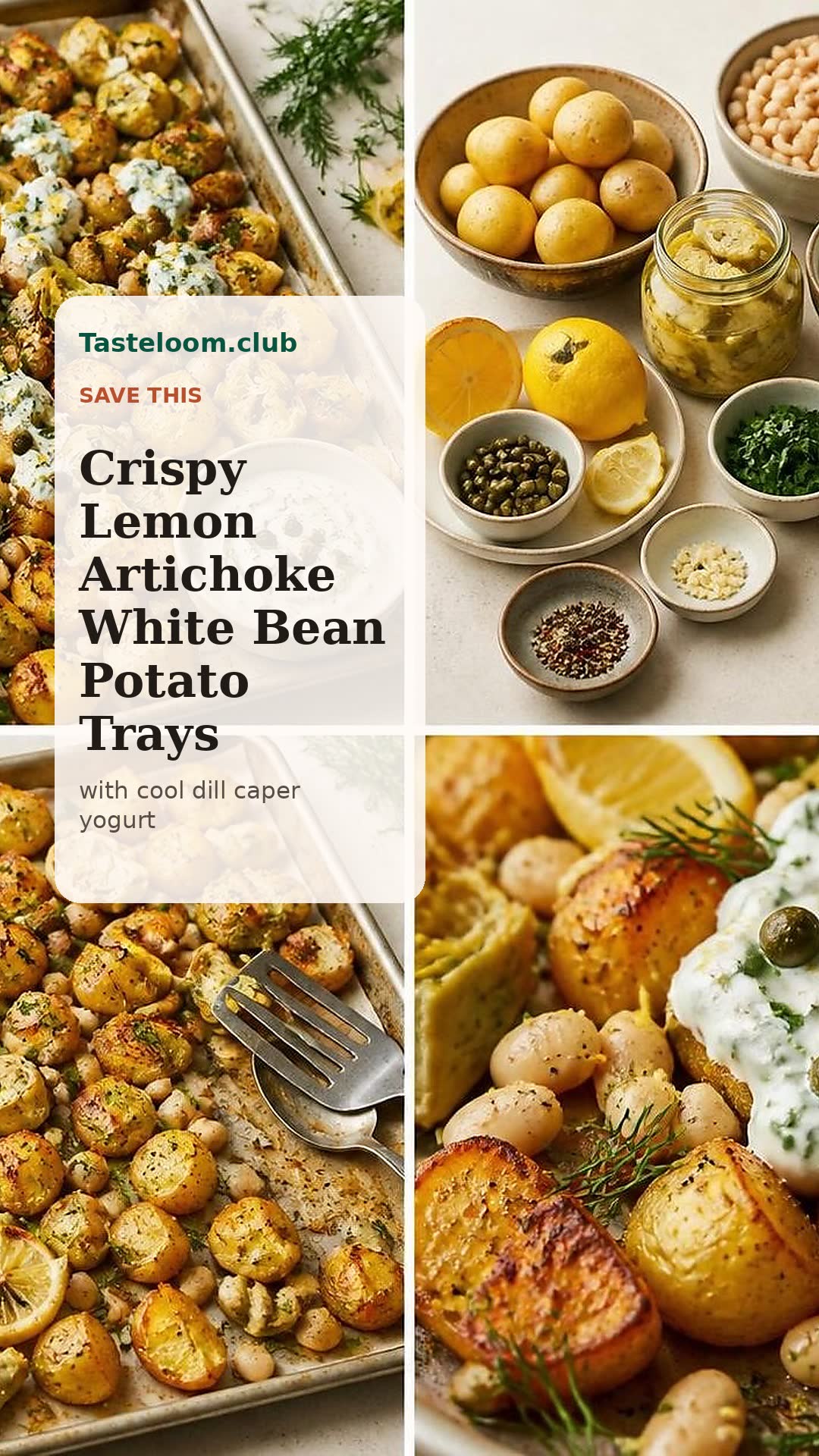 Crispy Lemon Artichoke White Bean Potato Trays with Dill Caper Yogurt