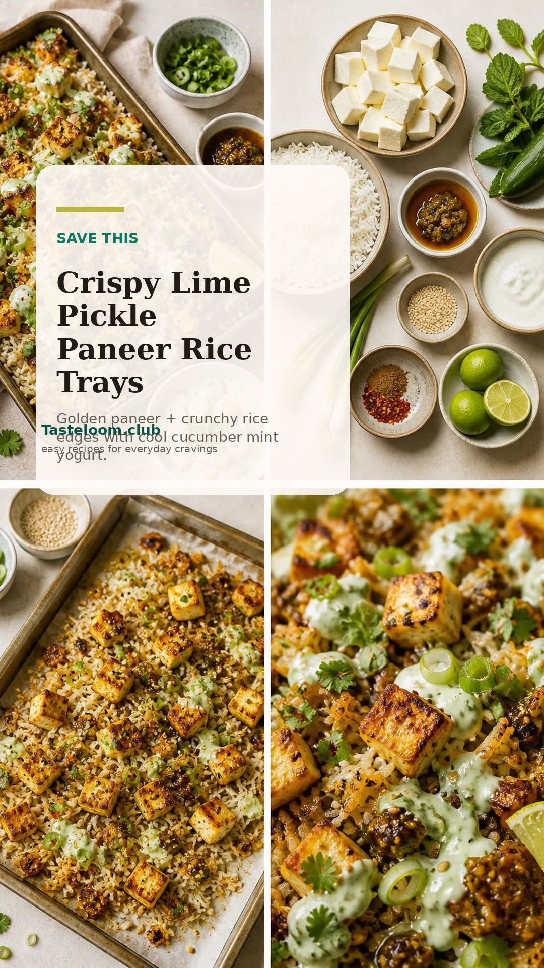 Crispy Lime Pickle Paneer Rice Trays with Cucumber Mint Yogurt