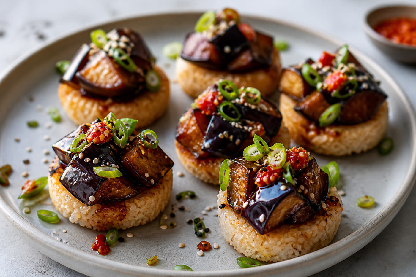 Crispy Miso Eggplant Rice Cups