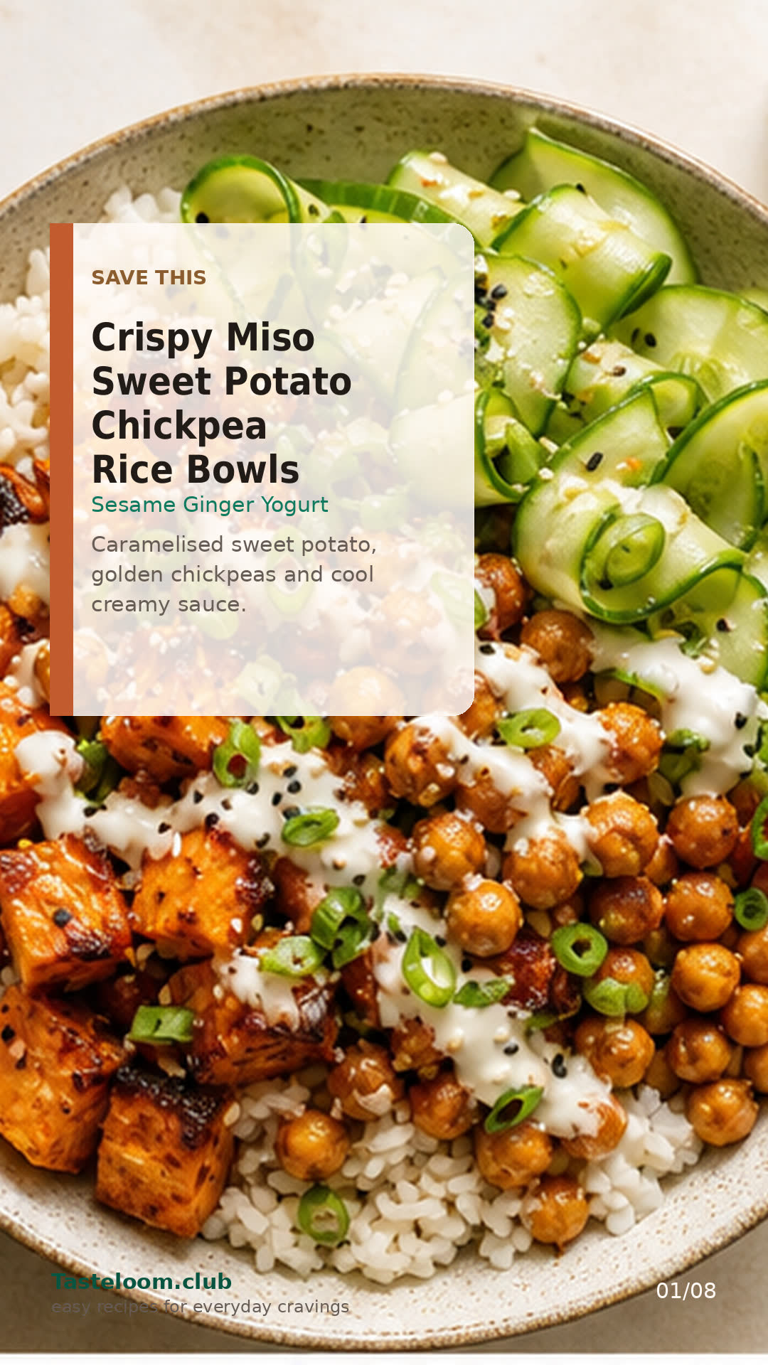 Crispy Miso Sweet Potato Chickpea Rice Bowls with Sesame Ginger Yogurt