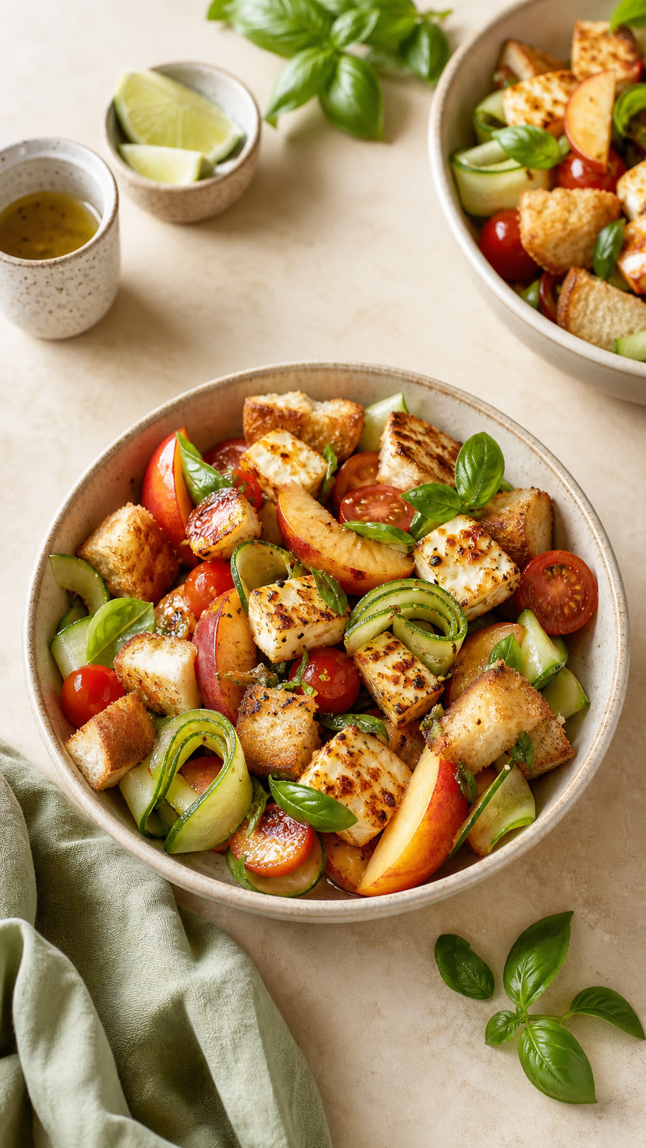 Crispy Nectarine Halloumi Panzanella Cups