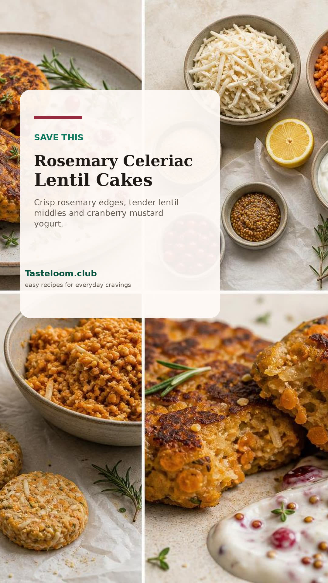 Crispy Rosemary Celeriac Lentil Cakes with Cranberry Mustard Yogurt