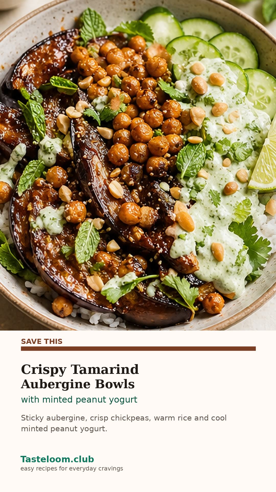 Crispy Tamarind Aubergine Chickpea Rice Bowls With Minted Peanut Yogurt