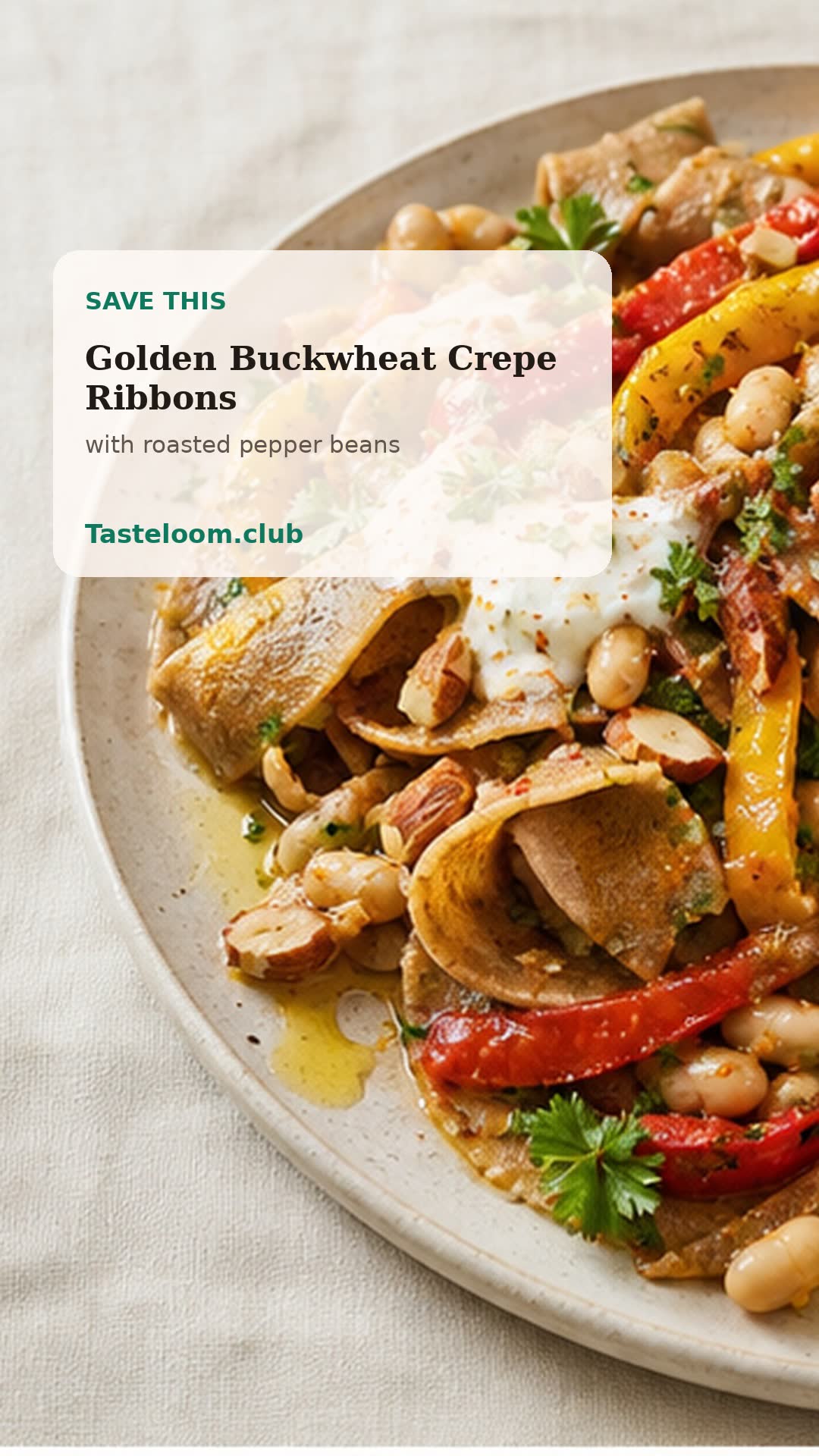 Golden Buckwheat Crepe Ribbons with Roasted Pepper Beans and Smoked Almond Parsley Yogurt