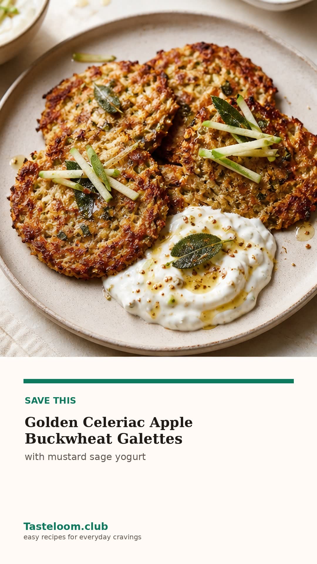 Golden Celeriac Apple Buckwheat Galettes with Mustard Sage Yogurt