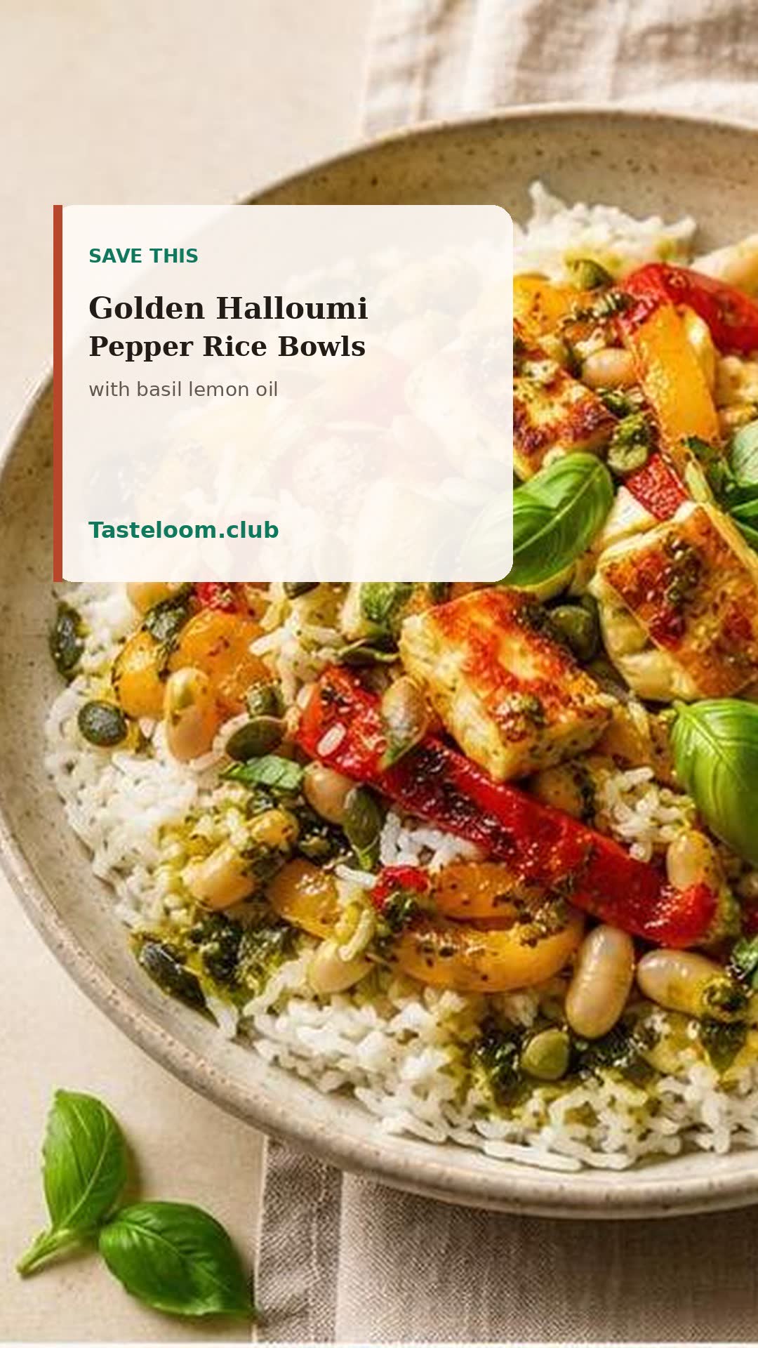 Golden Halloumi Pepper Rice Bowls with Basil Lemon Oil