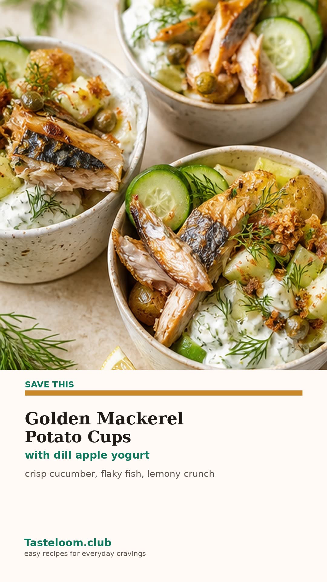 Golden Mackerel Potato Cucumber Cups with dill apple yogurt