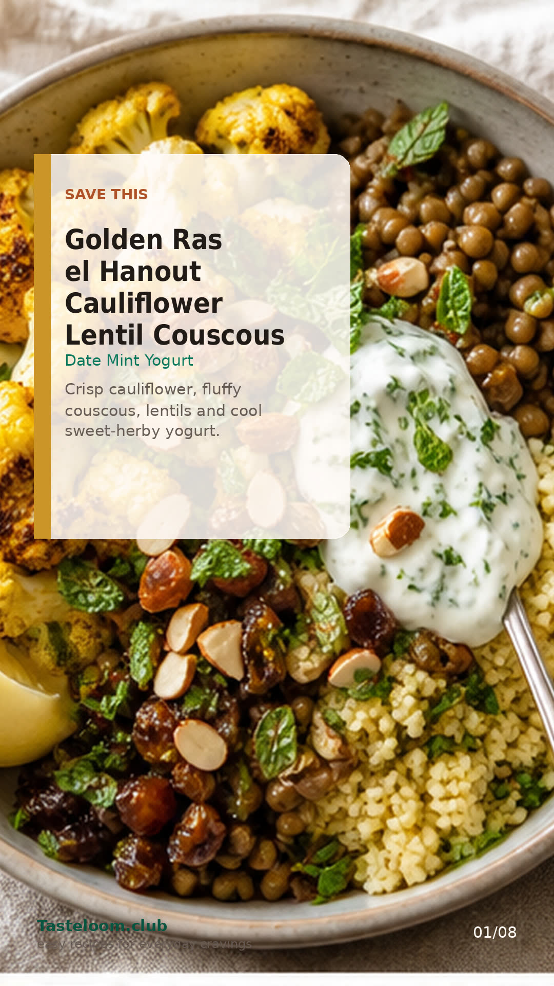 Golden Ras el Hanout Cauliflower Lentil Couscous Bowls with Date Mint Yogurt