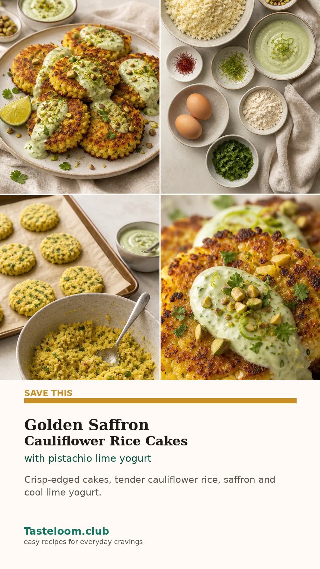 Golden Saffron Cauliflower Rice Cakes With Pistachio Lime Yogurt