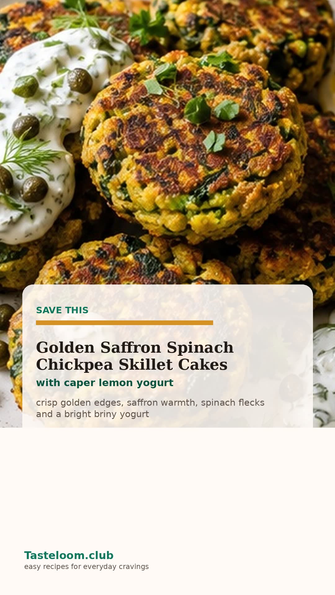 Golden Saffron Spinach Chickpea Skillet Cakes with Caper Lemon Yogurt