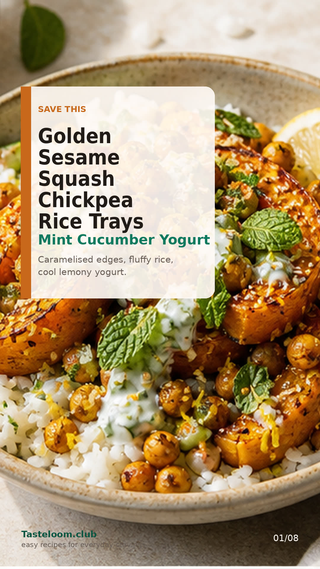 Golden Sesame Squash Chickpea Rice Trays with Mint Cucumber Yogurt
