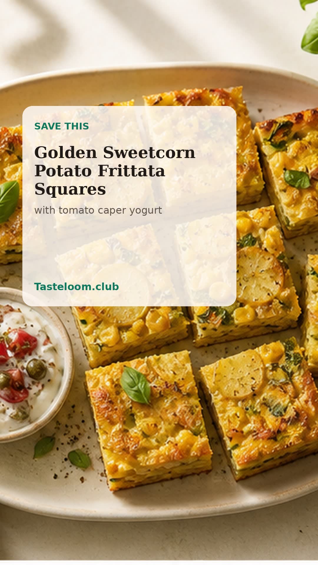 Golden Sweetcorn Potato Frittata Squares with Tomato Caper Yogurt