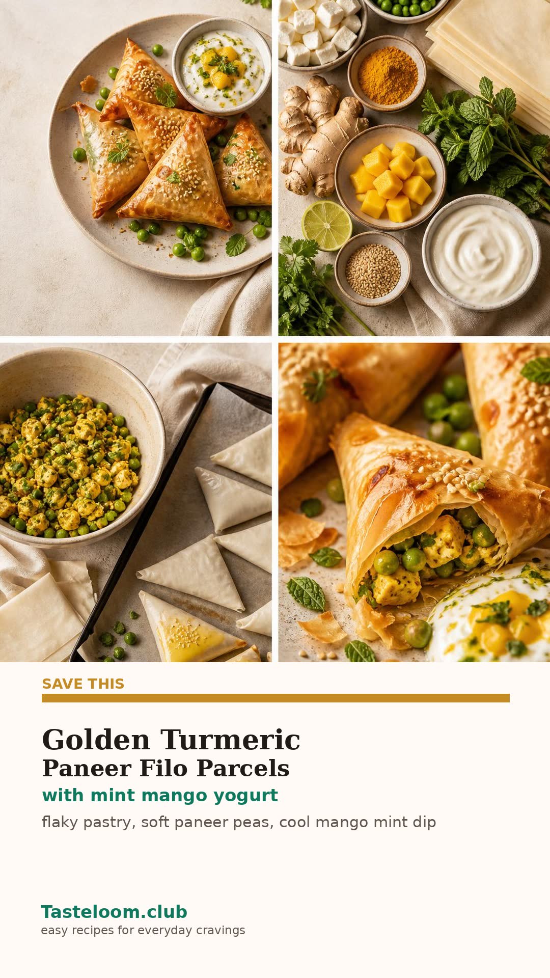 Golden Turmeric Paneer Pea Filo Parcels with Mint Mango Yogurt