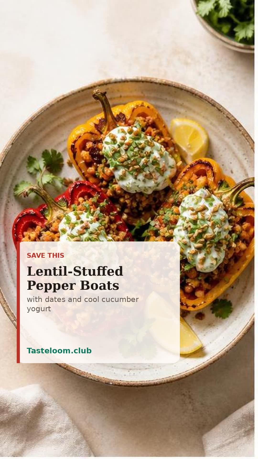 Lentil-Stuffed Pepper Boats with Date-Cucumber Yogurt