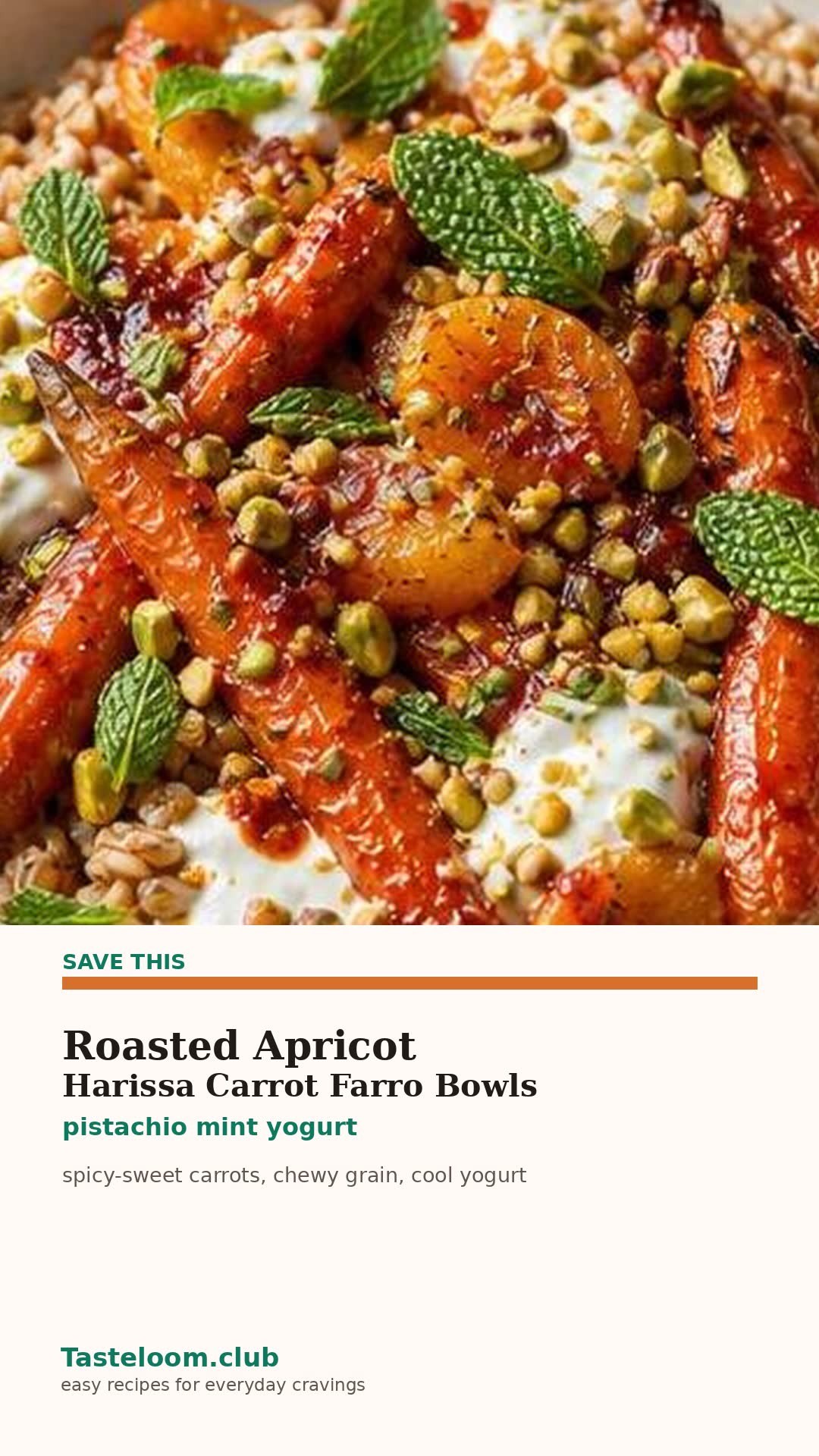 Roasted Apricot Harissa Carrot Farro Bowls with pistachio mint yogurt