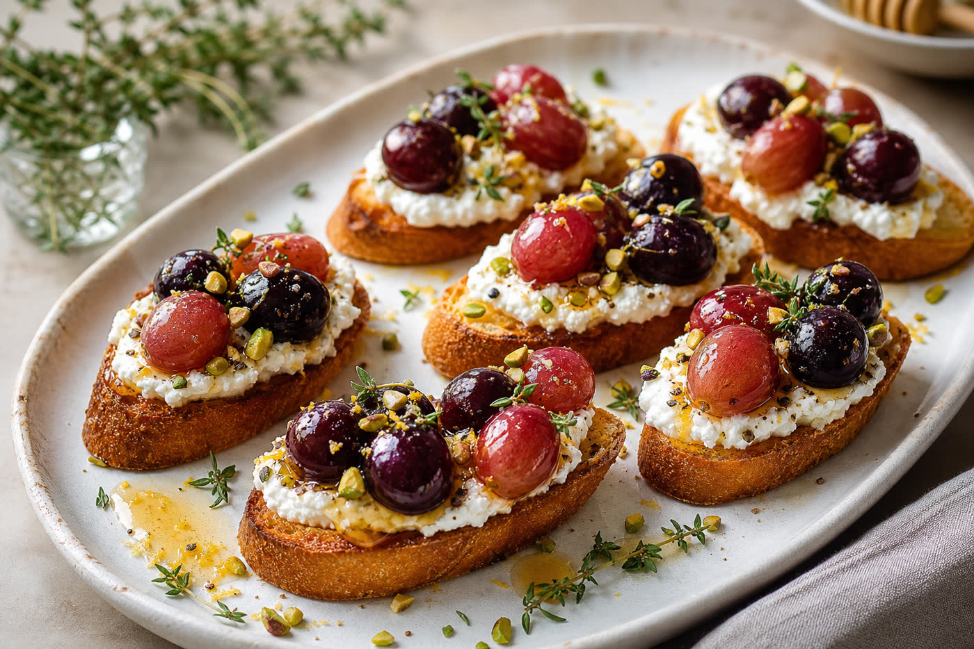 Roasted Grape Ricotta Crostini