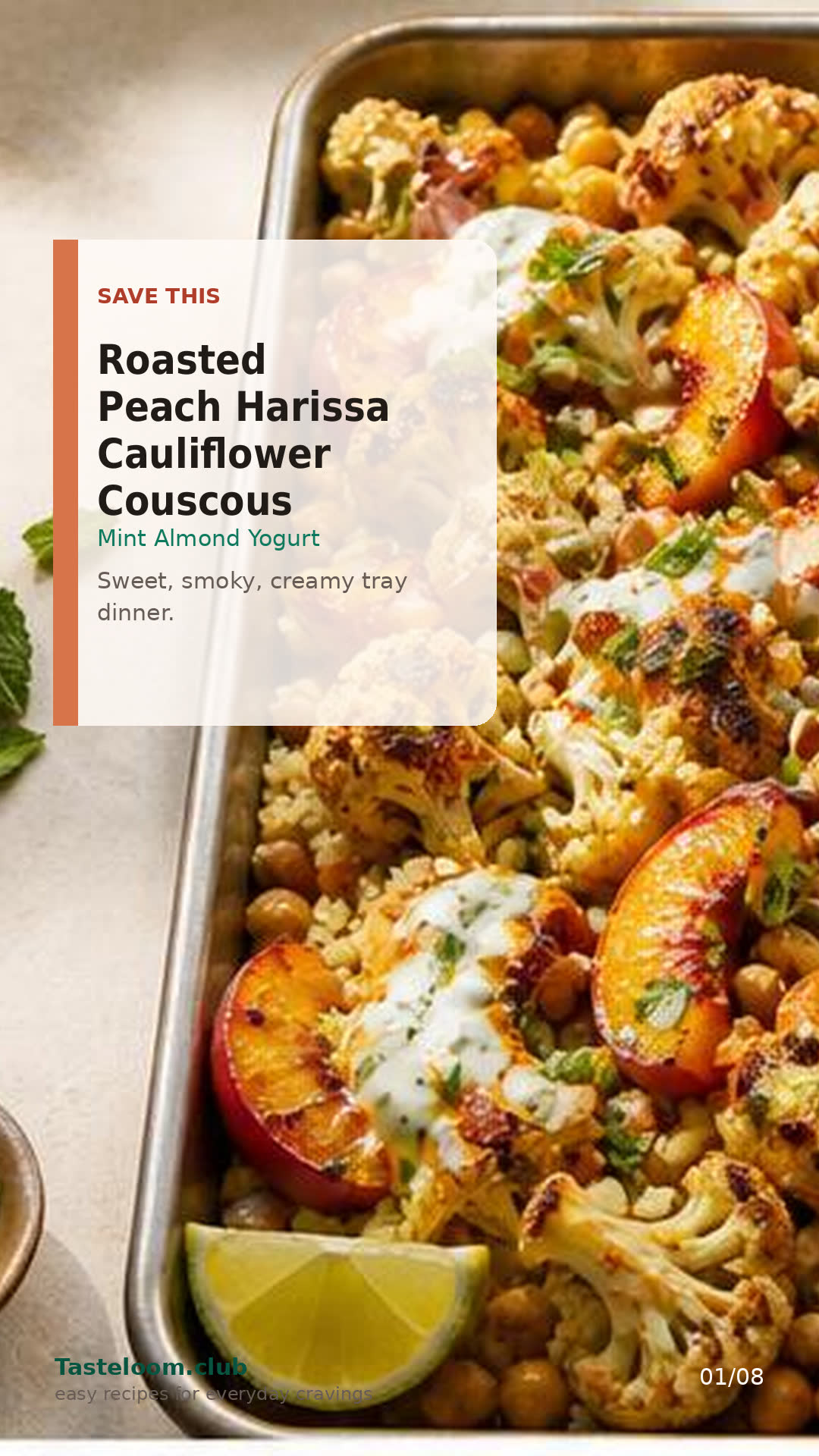 Roasted Peach Harissa Cauliflower Couscous Trays with Mint Almond Yogurt