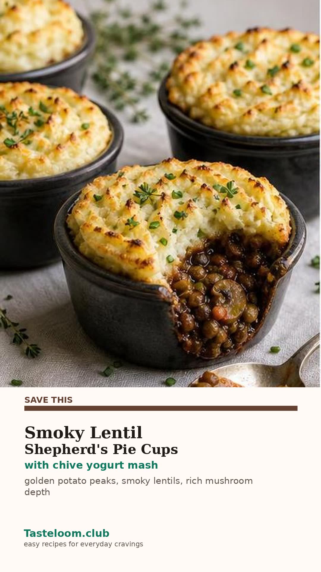 Smoky Lentil Mushroom Shepherd's Pie Cups with Chive Yogurt Mash