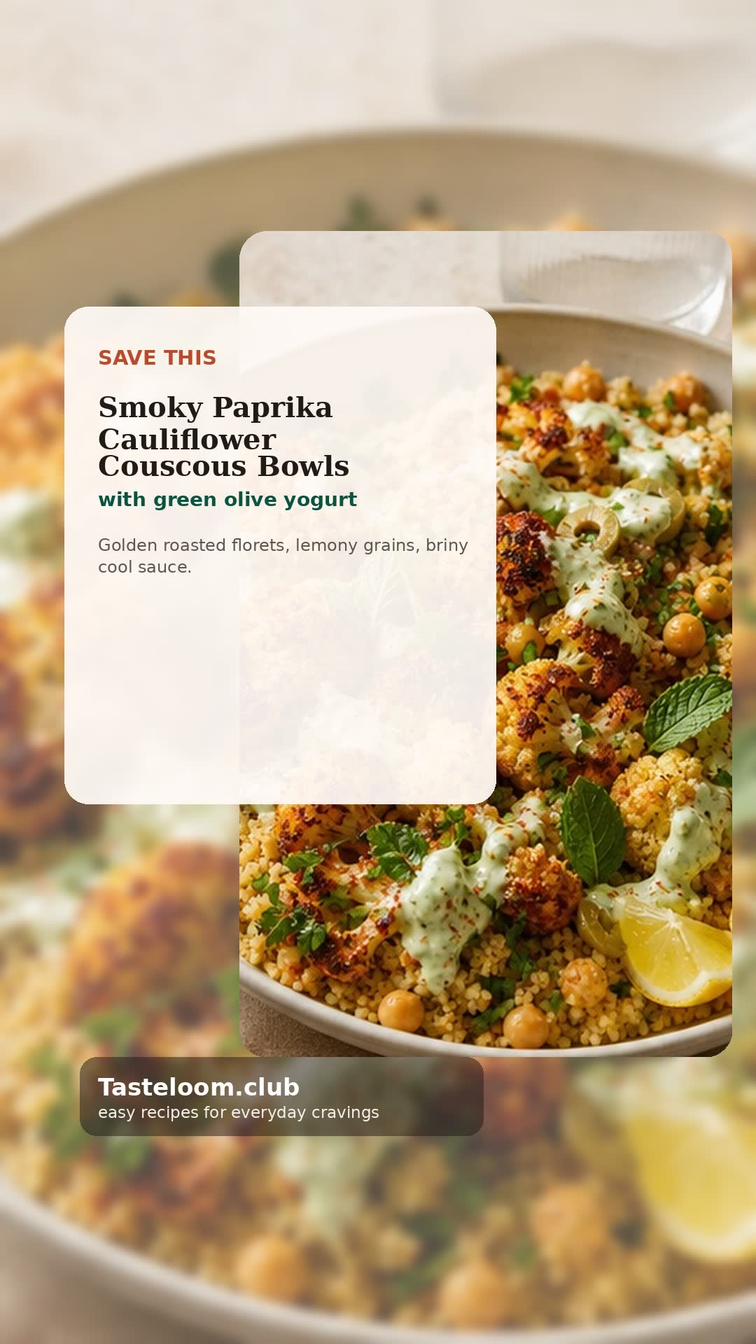 Smoky Paprika Cauliflower Couscous Bowls with Green Olive Yogurt