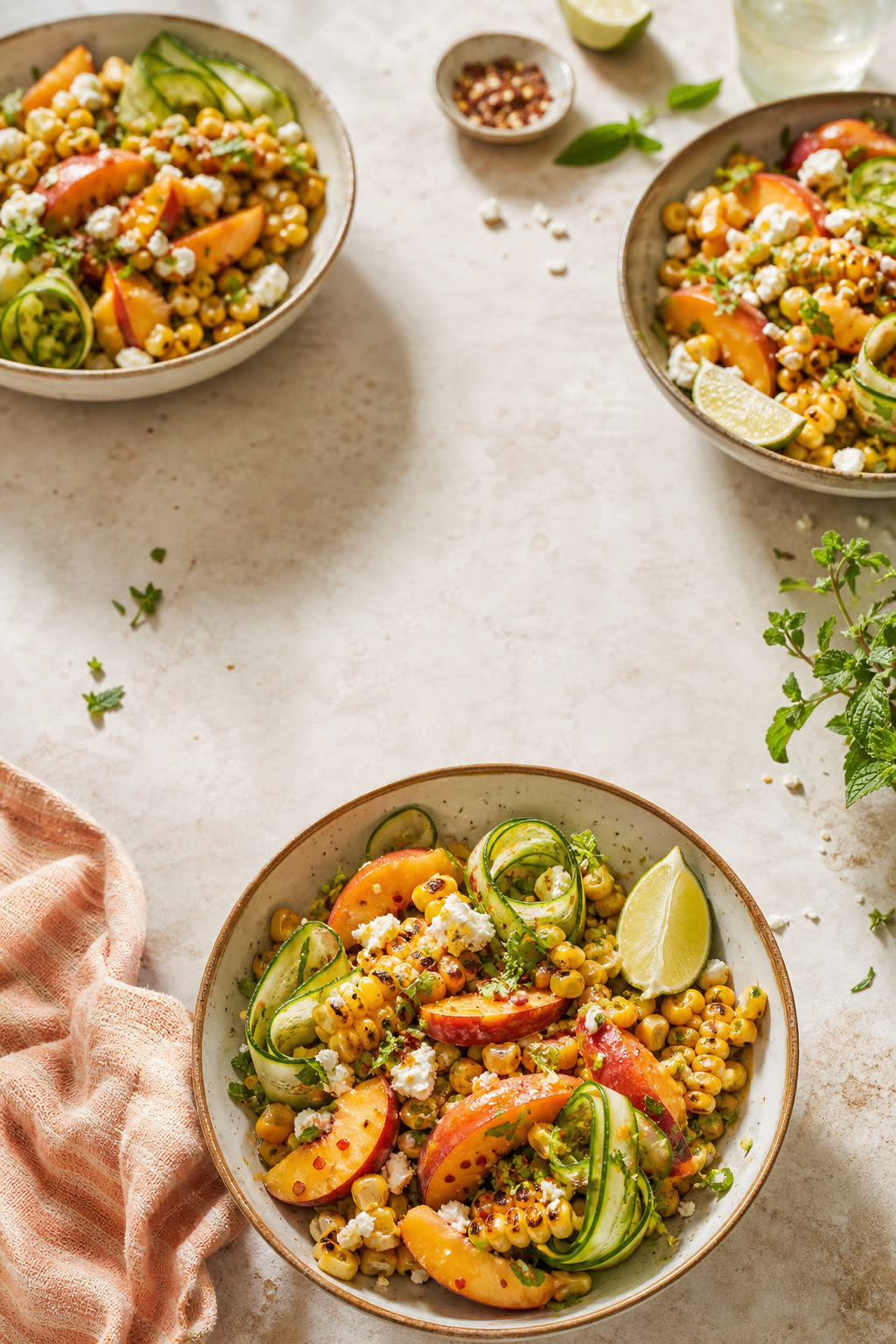 Smoky Peach Corn Feta Salad Bowls