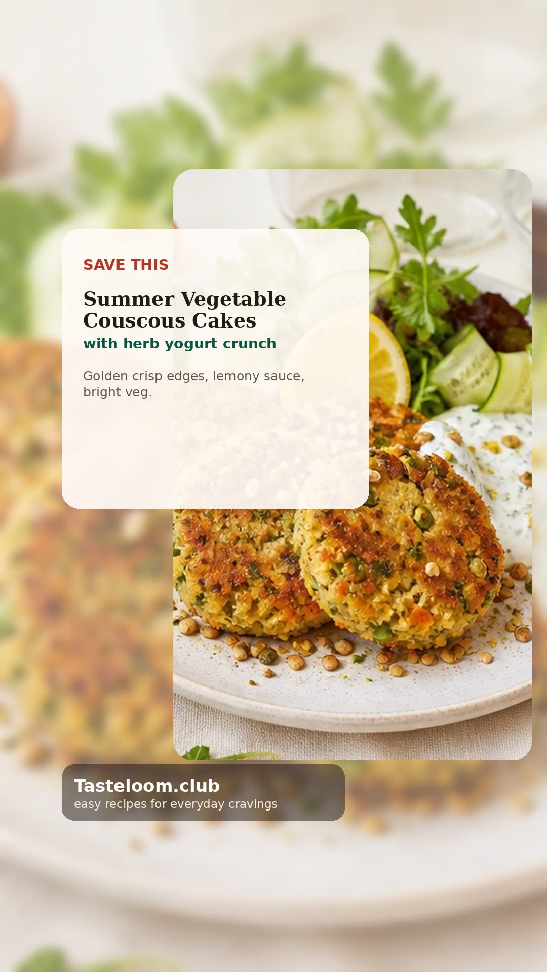 Summer Vegetable Couscous Cakes with Herb Yogurt Crunch