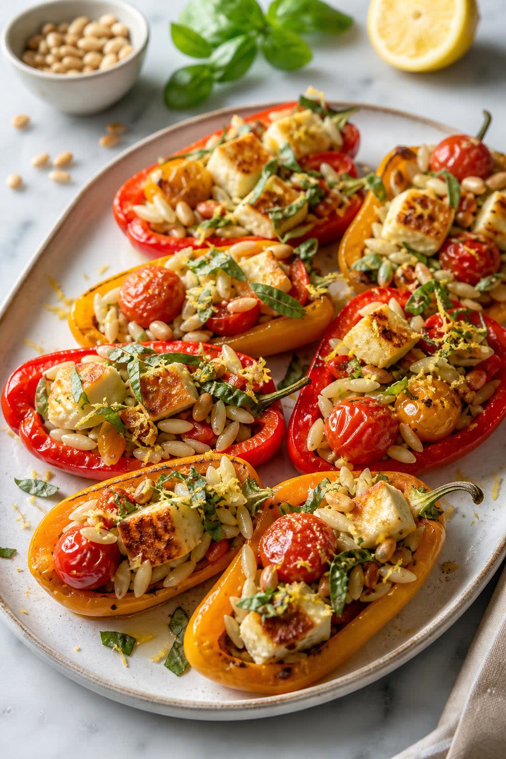 Tomato Basil Halloumi Orzo Boats