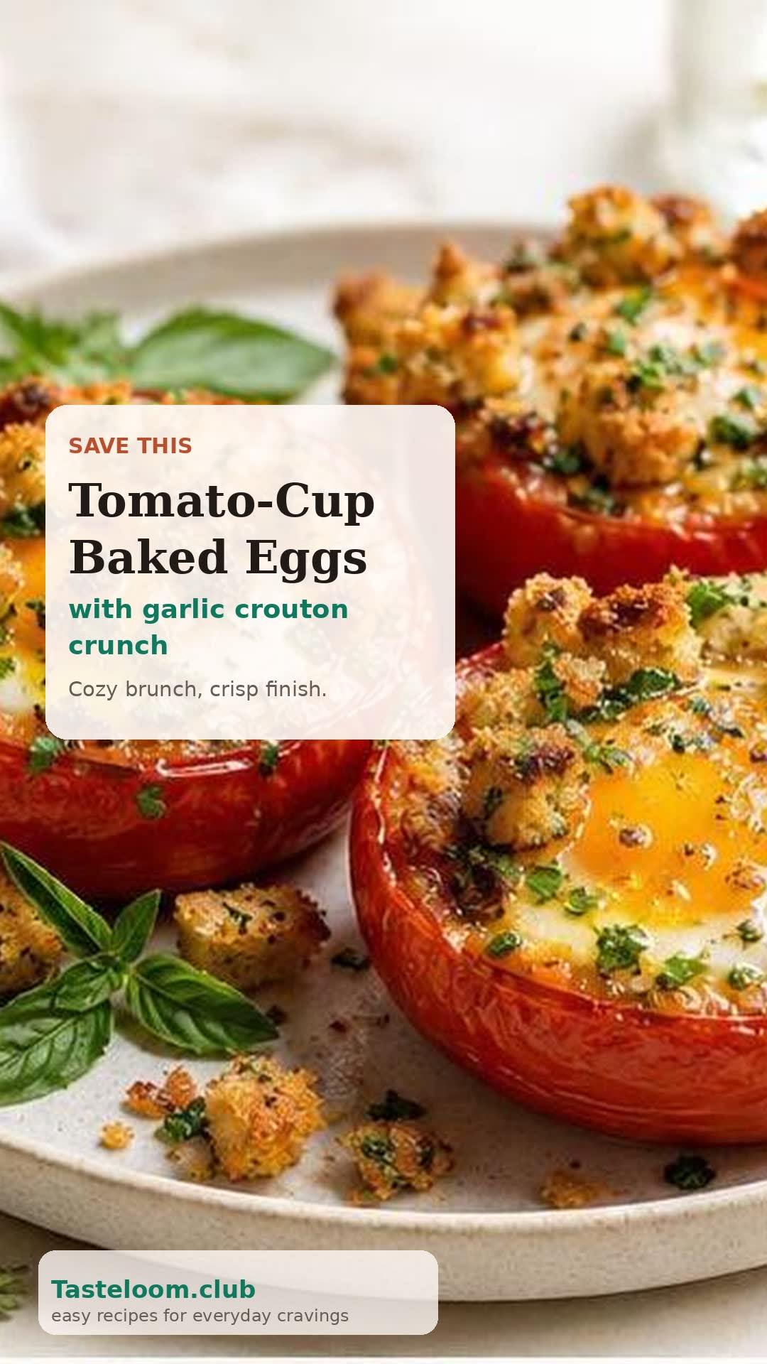 Tomato-Cup Baked Eggs with Garlic Crouton Crunch