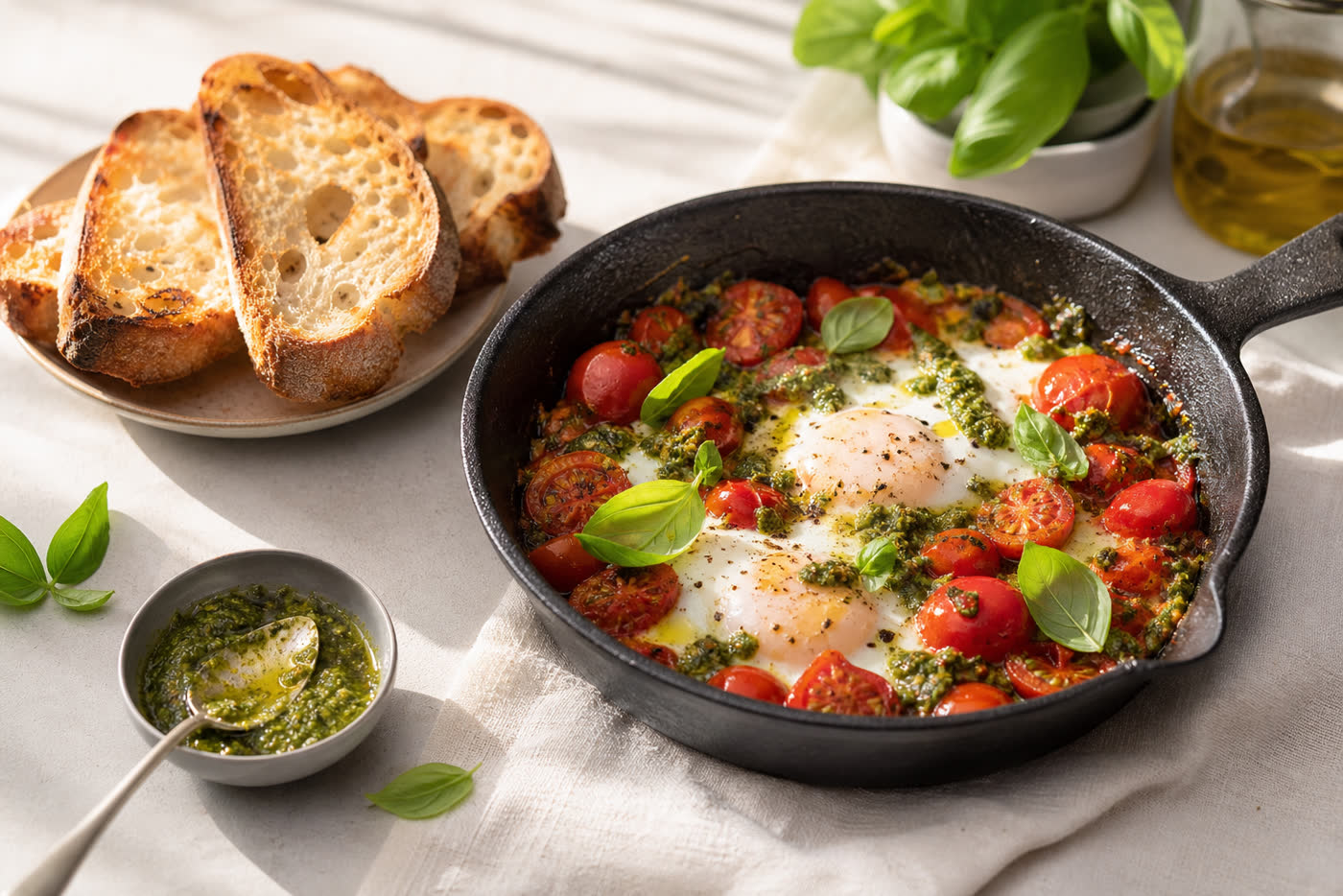 Tomato Pesto Toast Skillet Eggs